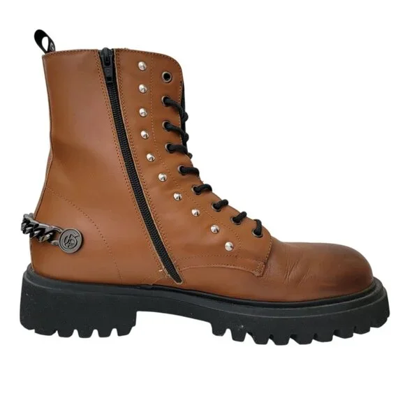 JOHN GALLIANO Curb Link Brown Leather Combat Boots w/ Side Zipper Sz 43